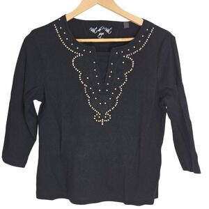 Knit de Knit Womens Black Beaded Embroidered Split Neck 3/4 Sleeve Cotton Top M